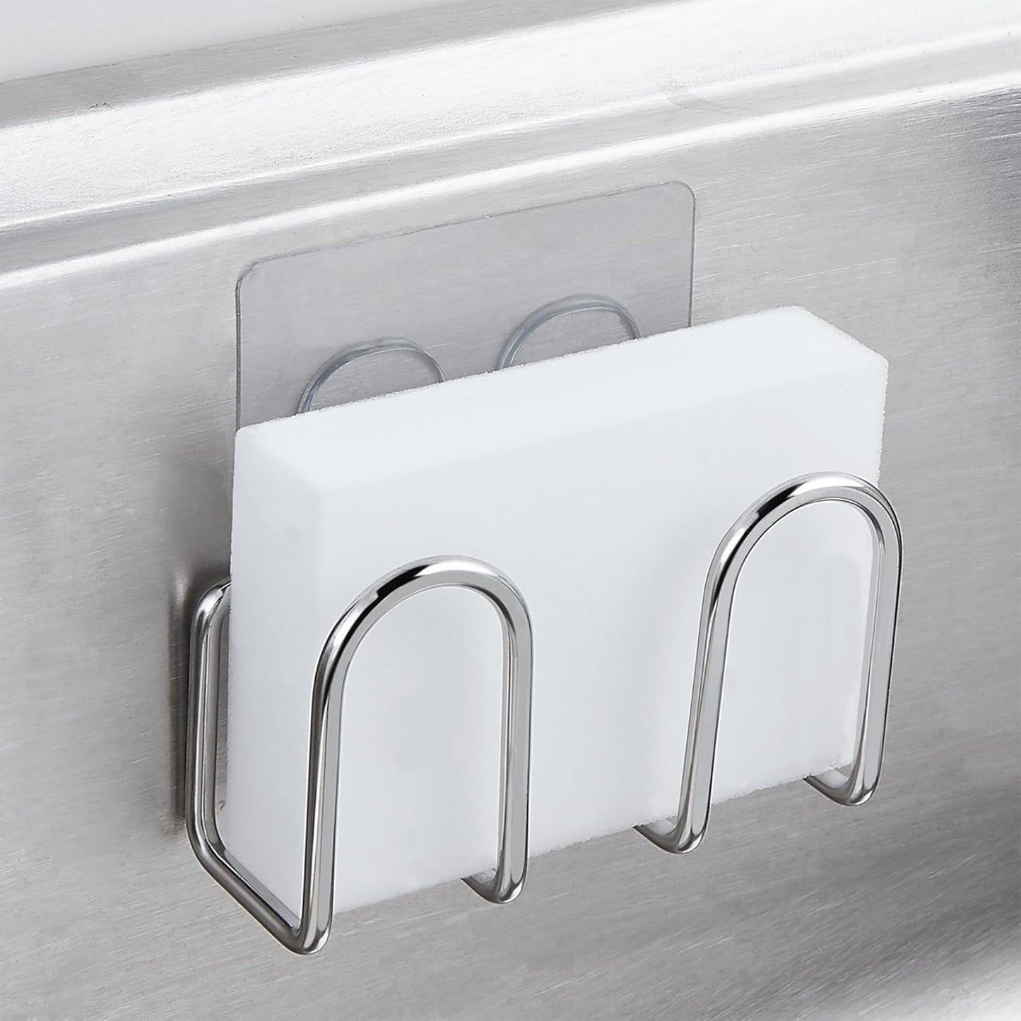 Kitchen Sink Sponge Holder, Rustproof SUS304 Stainless Steel | Sink Caddy for Sponges, Scrubbers, Soap. No Drilling, Adhesive, Compact sponge caddy, Kitchen Sink Accessories