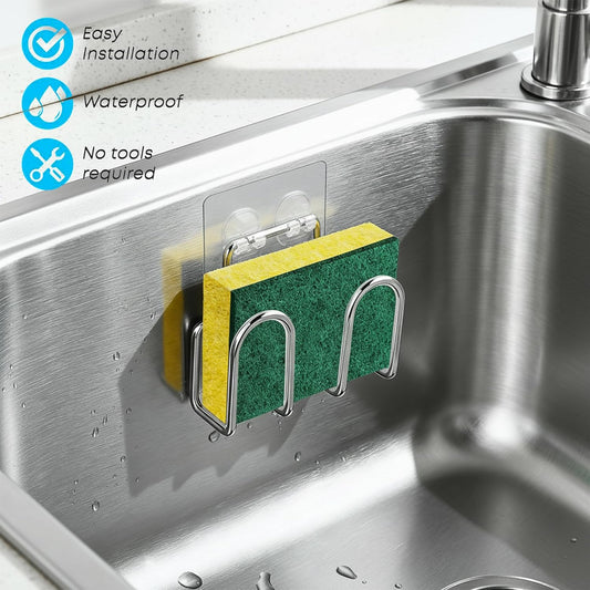 Kitchen Sink Sponge Holder, Rustproof SUS304 Stainless Steel | Sink Caddy for Sponges, Scrubbers, Soap. No Drilling, Adhesive, Compact sponge caddy, Kitchen Sink Accessories