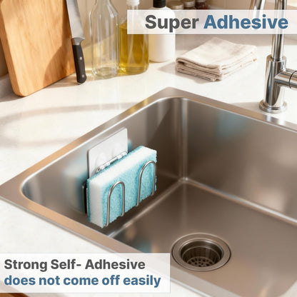 Kitchen Sink Sponge Holder, Rustproof SUS304 Stainless Steel | Sink Caddy for Sponges, Scrubbers, Soap. No Drilling, Adhesive, Compact sponge caddy, Kitchen Sink Accessories