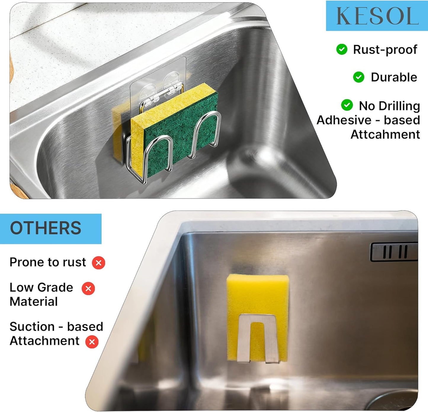 Kitchen Sink Sponge Holder, Rustproof SUS304 Stainless Steel | Sink Caddy for Sponges, Scrubbers, Soap. No Drilling, Adhesive, Compact sponge caddy, Kitchen Sink Accessories