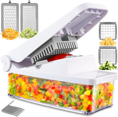 Vegetable Chopper with Container, 4 in 1 Food Chopper Veggie Slicer | Onion Chopper, 420 Stainless Steel, Safety Lock, Dishwasher Safe, No BPA, Cleaning Brush Included, for Vegetables, Cheese