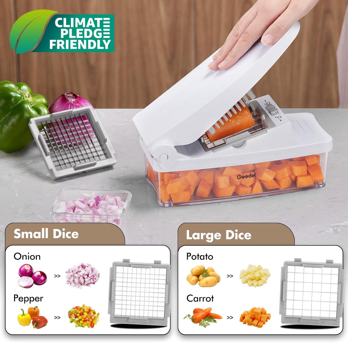 Vegetable Chopper with Container, 4 in 1 Food Chopper Veggie Slicer | Onion Chopper, 420 Stainless Steel, Safety Lock, Dishwasher Safe, No BPA, Cleaning Brush Included, for Vegetables, Cheese