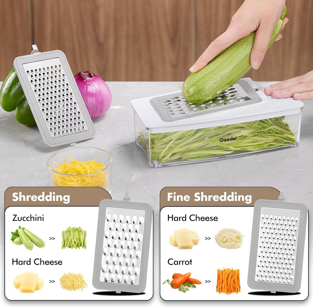 Vegetable Chopper with Container, 4 in 1 Food Chopper Veggie Slicer | Onion Chopper, 420 Stainless Steel, Safety Lock, Dishwasher Safe, No BPA, Cleaning Brush Included, for Vegetables, Cheese