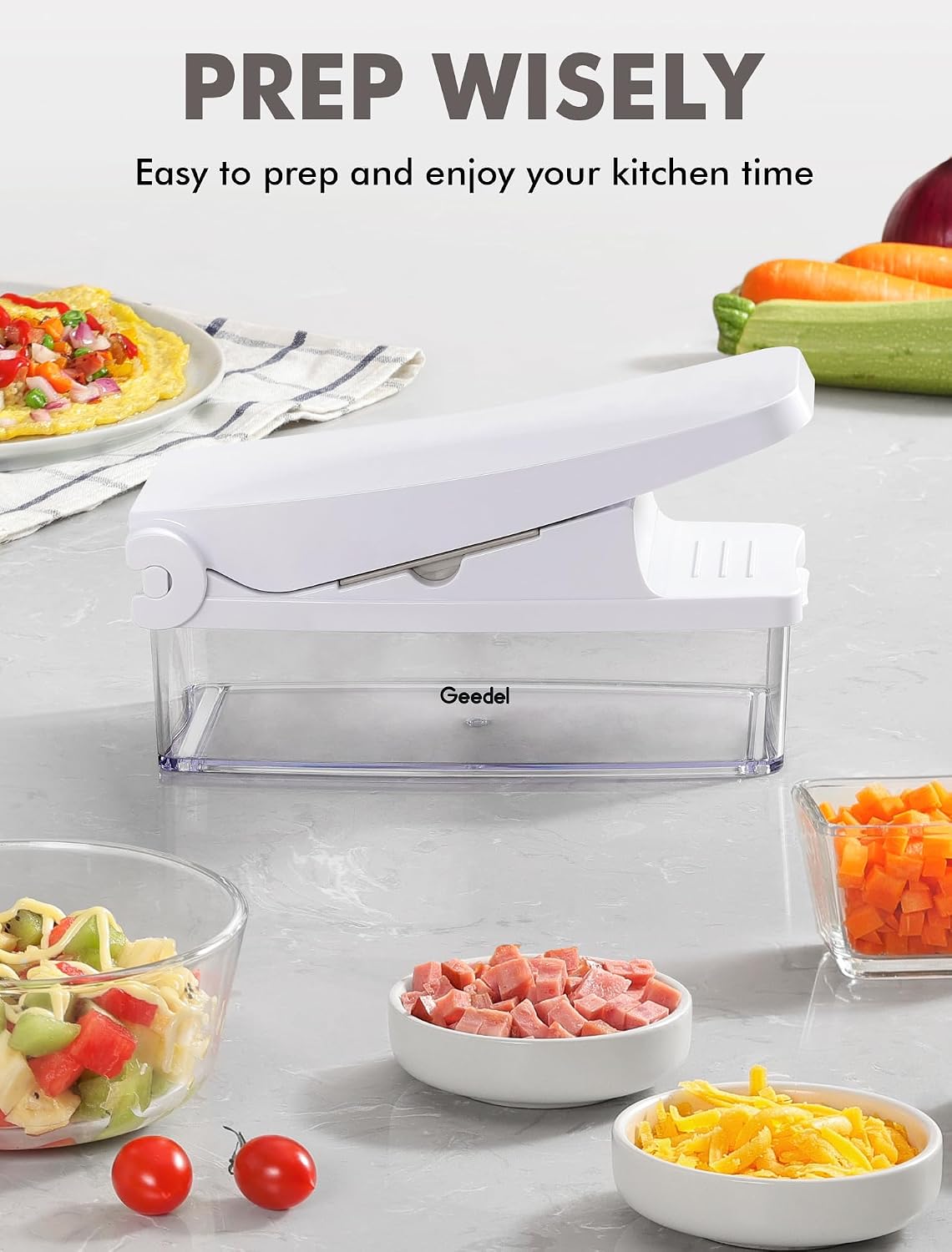 Vegetable Chopper with Container, 4 in 1 Food Chopper Veggie Slicer | Onion Chopper, 420 Stainless Steel, Safety Lock, Dishwasher Safe, No BPA, Cleaning Brush Included, for Vegetables, Cheese