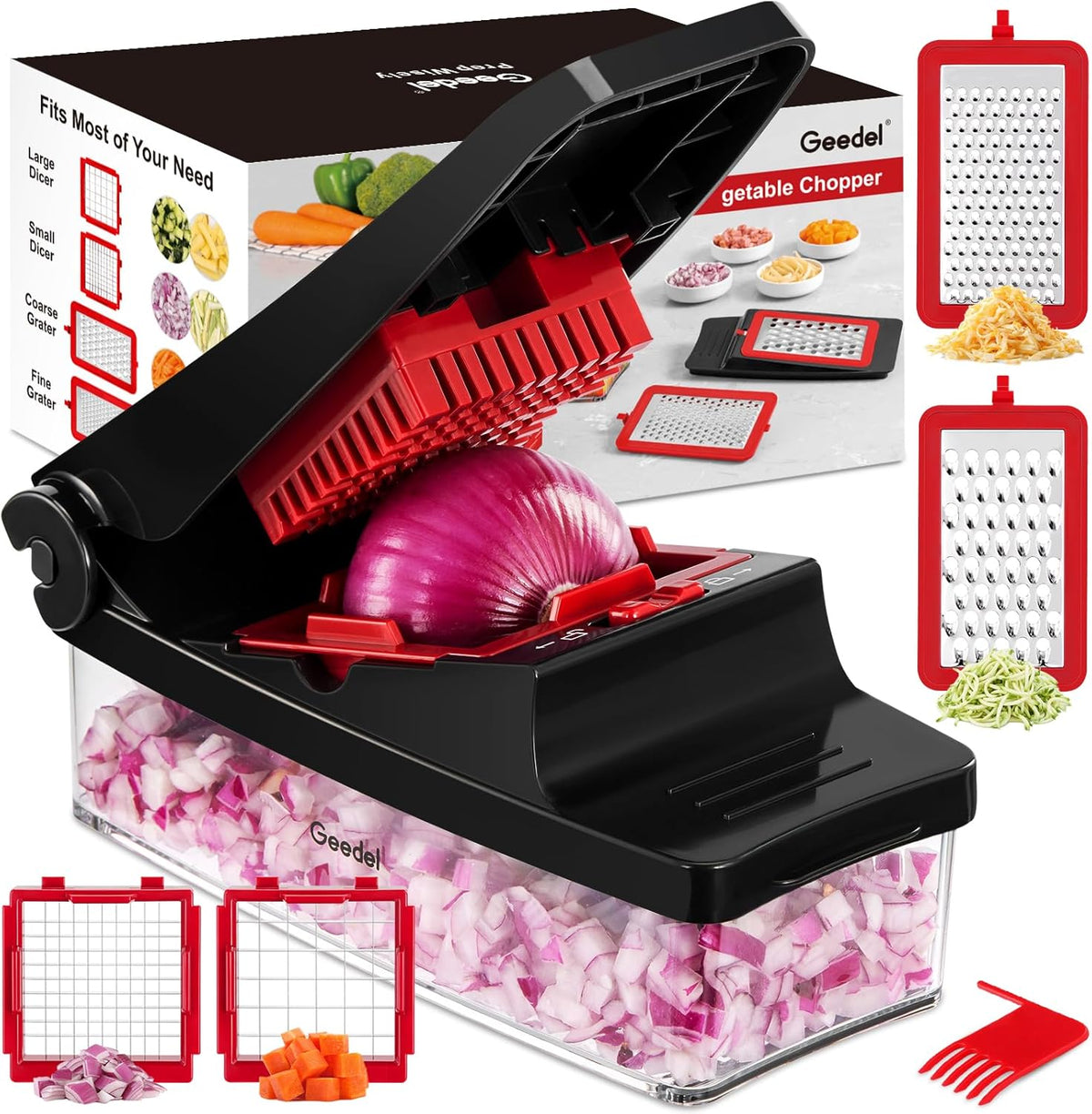 Vegetable Chopper with Container, 4 in 1 Food Chopper Veggie Slicer | Onion Chopper, 420 Stainless Steel, Safety Lock, Dishwasher Safe, No BPA, Cleaning Brush Included, for Vegetables, Cheese