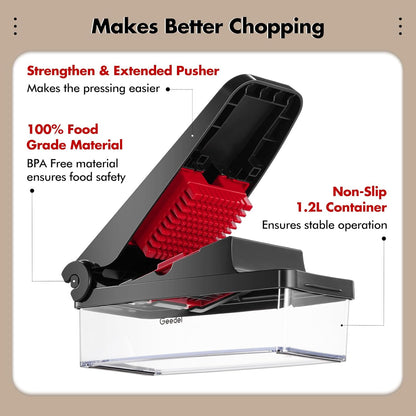 Vegetable Chopper with Container, 4 in 1 Food Chopper Veggie Slicer | Onion Chopper, 420 Stainless Steel, Safety Lock, Dishwasher Safe, No BPA, Cleaning Brush Included, for Vegetables, Cheese