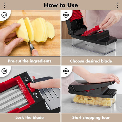 Vegetable Chopper with Container, 4 in 1 Food Chopper Veggie Slicer | Onion Chopper, 420 Stainless Steel, Safety Lock, Dishwasher Safe, No BPA, Cleaning Brush Included, for Vegetables, Cheese