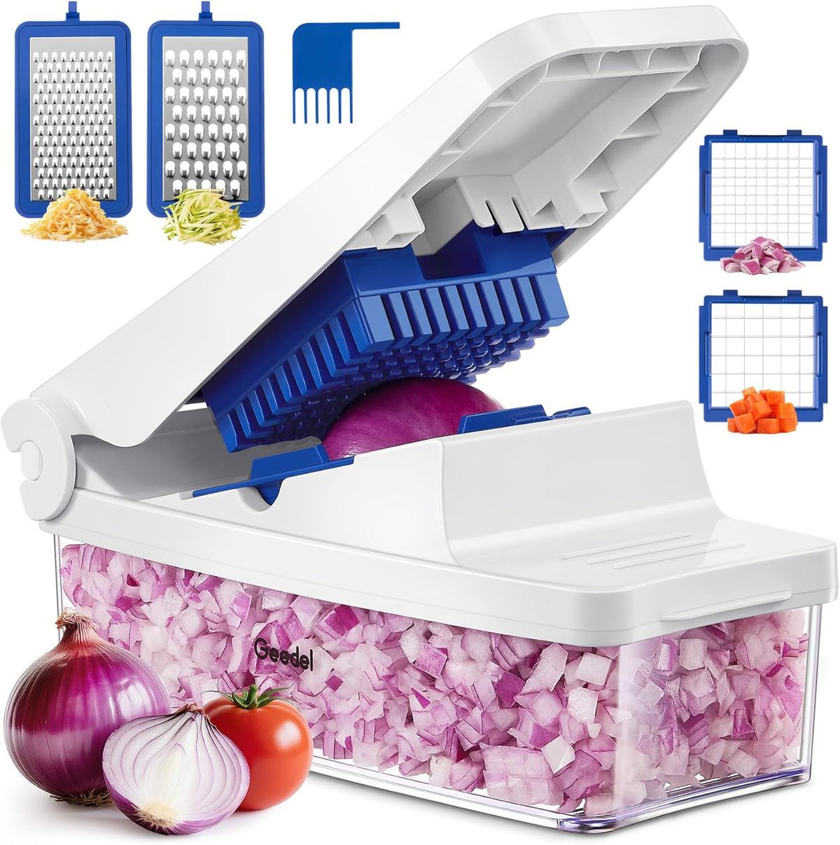 Vegetable Chopper with Container, 4 in 1 Food Chopper Veggie Slicer | Onion Chopper, 420 Stainless Steel, Safety Lock, Dishwasher Safe, No BPA, Cleaning Brush Included, for Vegetables, Cheese