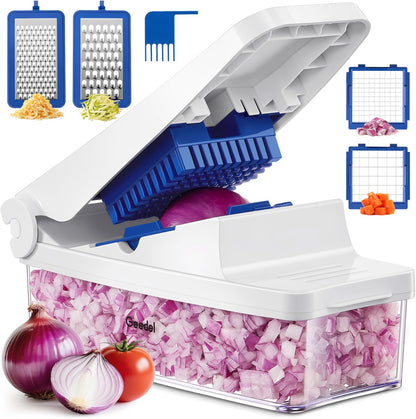 Vegetable Chopper with Container, 4 in 1 Food Chopper Veggie Slicer | Onion Chopper, 420 Stainless Steel, Safety Lock, Dishwasher Safe, No BPA, Cleaning Brush Included, for Vegetables, Cheese