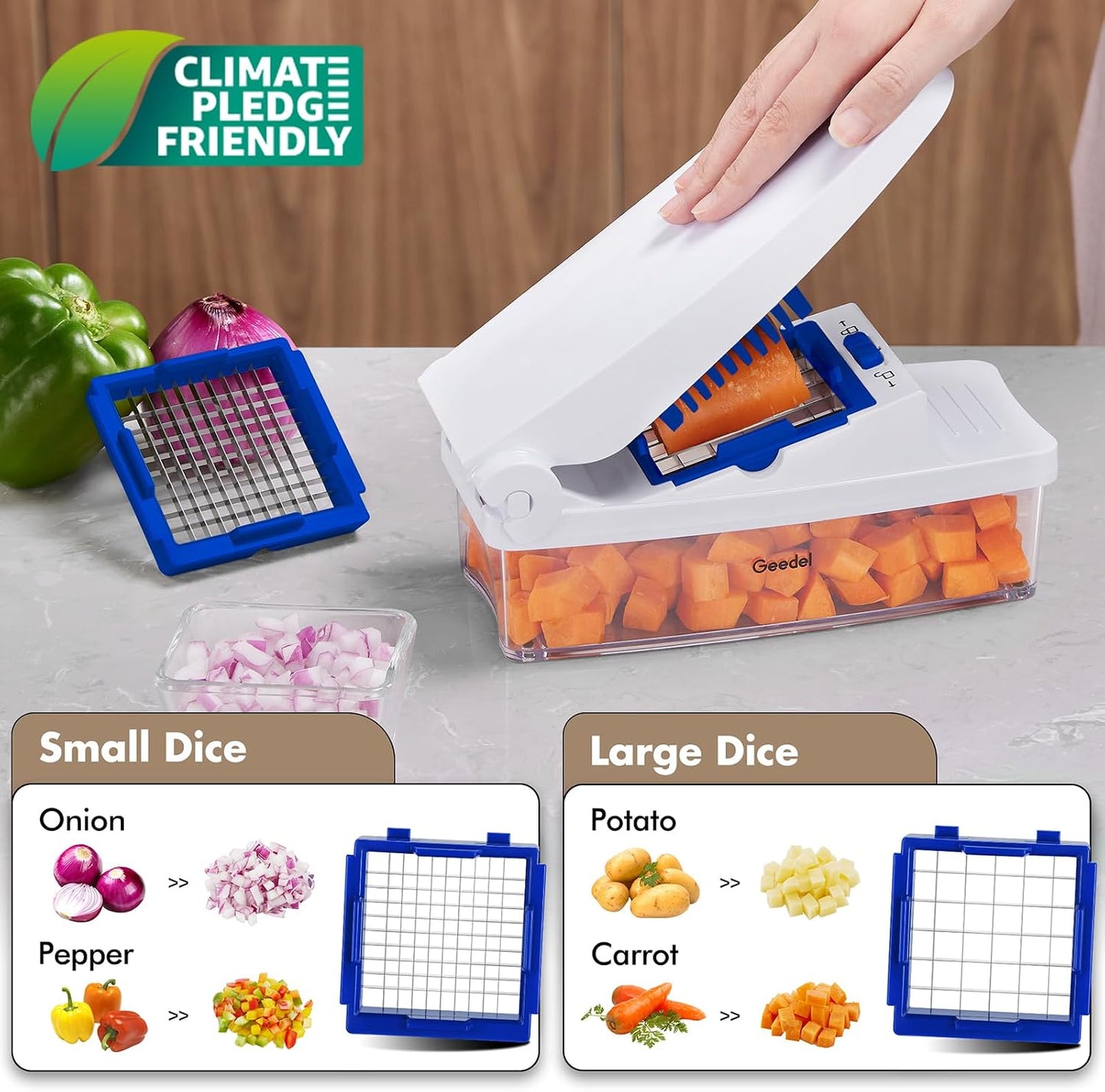 Vegetable Chopper with Container, 4 in 1 Food Chopper Veggie Slicer | Onion Chopper, 420 Stainless Steel, Safety Lock, Dishwasher Safe, No BPA, Cleaning Brush Included, for Vegetables, Cheese
