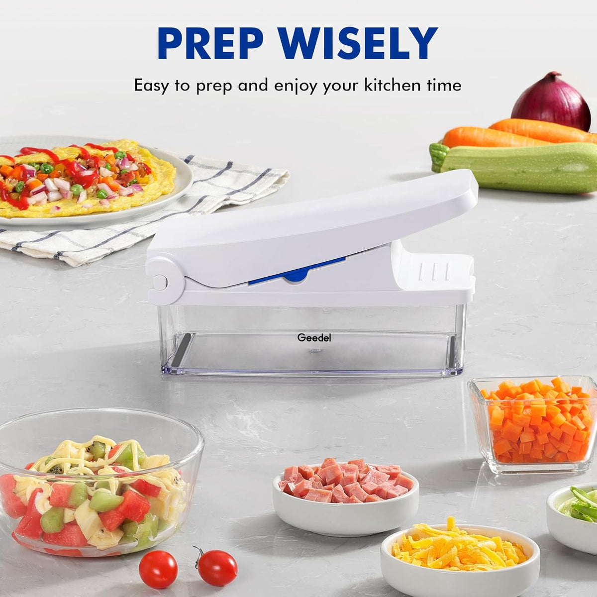 Vegetable Chopper with Container, 4 in 1 Food Chopper Veggie Slicer | Onion Chopper, 420 Stainless Steel, Safety Lock, Dishwasher Safe, No BPA, Cleaning Brush Included, for Vegetables, Cheese