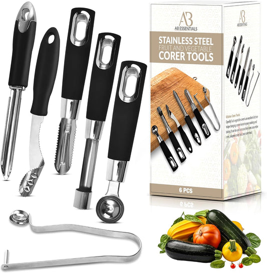 Fruit and Vegetable Corer Set – 6 PCS Stainless Steel Apple Corer, Jalapeno Tool, Melon Baller, Pepper Corer Seed Remover Tool, Pineapple Tomato & Zucchini