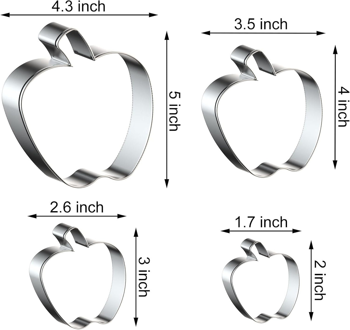 Apple Cookie Cutter Set Large Small Mini - 5 inch, 4 inch, 3 inch, 2 inch - 4 Piece Fruit Cookie Cutters Shapes Fondant Biscuit Clay Mold- Stainless Steel