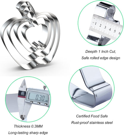 Apple Cookie Cutter Set Large Small Mini - 5 inch, 4 inch, 3 inch, 2 inch - 4 Piece Fruit Cookie Cutters Shapes Fondant Biscuit Clay Mold- Stainless Steel