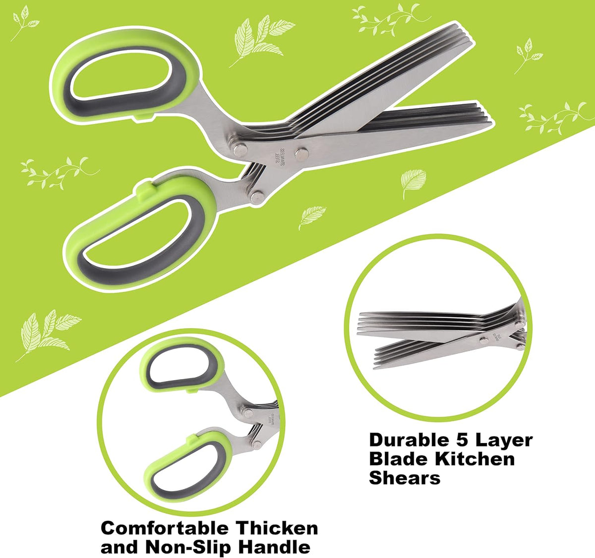 Herb Scissors, Premium Stainless Steel 5 Blade Kitchen Salad Scissors Dishwasher Safe, Sharp and Convenient 5 Blade with Safety Cover, Herb Stripping Tool and Cleaning Comb