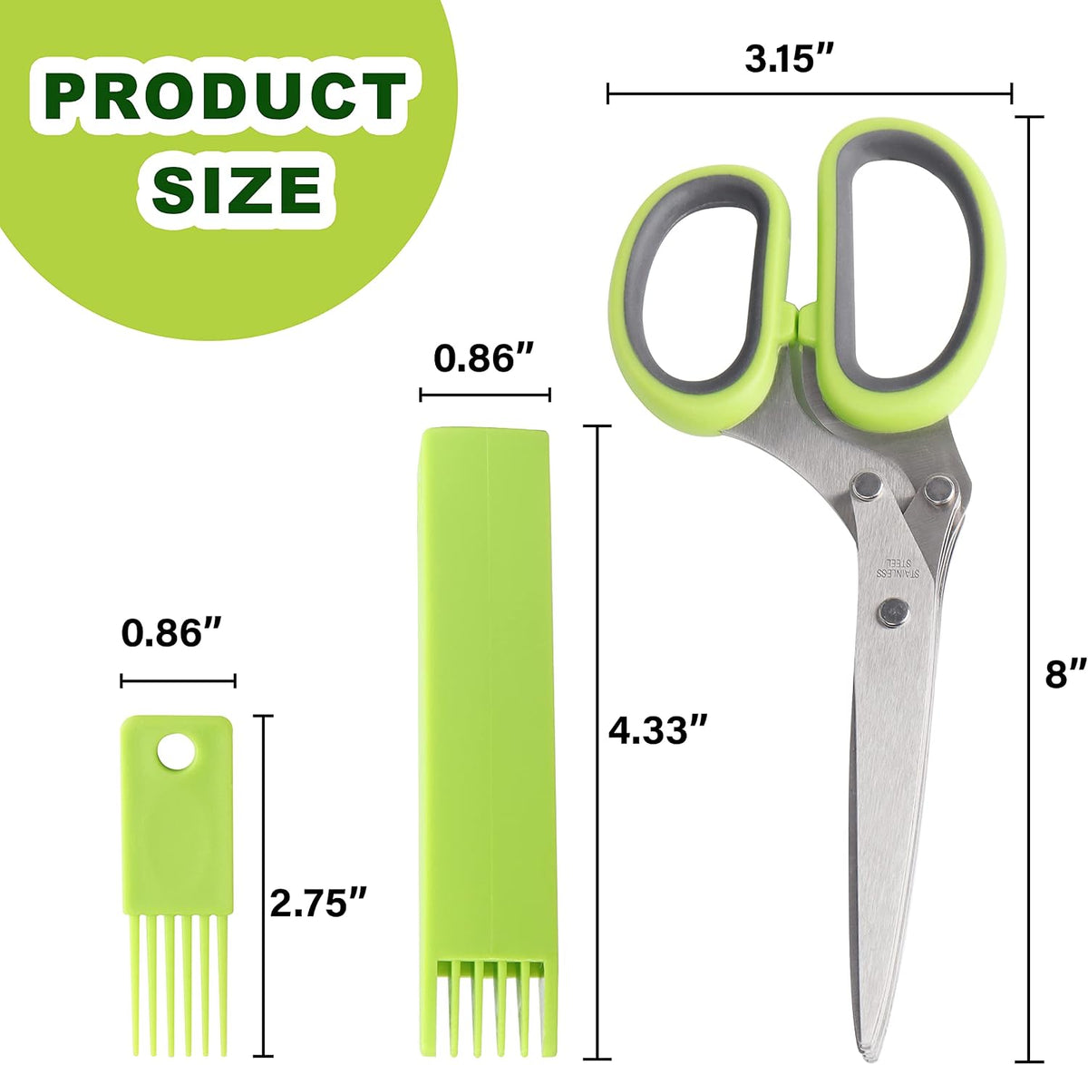 Herb Scissors, Premium Stainless Steel 5 Blade Kitchen Salad Scissors Dishwasher Safe, Sharp and Convenient 5 Blade with Safety Cover, Herb Stripping Tool and Cleaning Comb