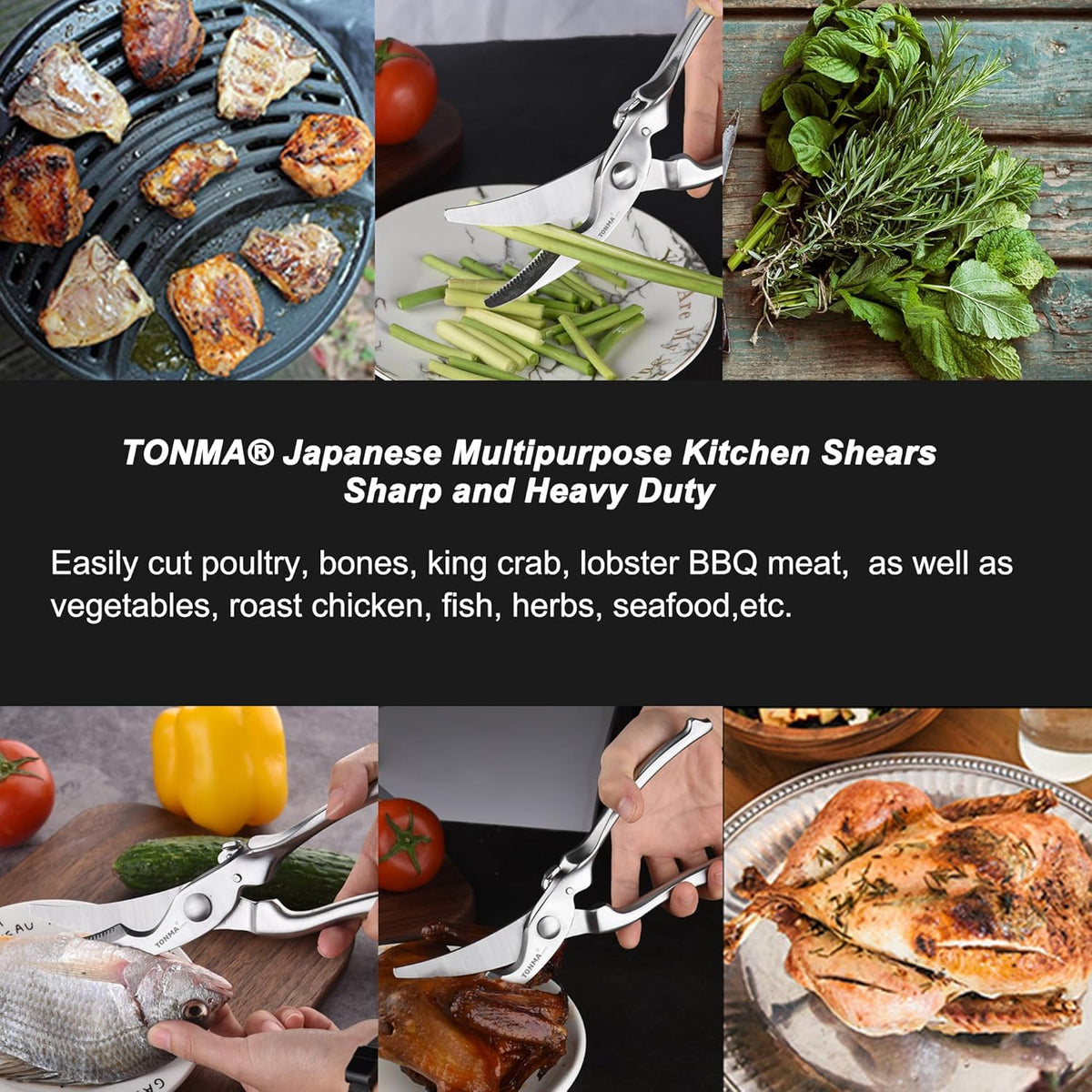 TONMA Kitchen Scissors for Food [Made in Japan] All-Purpose Kitchen Shears | 100% Japanese High Carbon Steel, Ultra-Sharp 4.0 mm Thickened Blades, Effortless Cutting, Ergonomic Ambidextrous