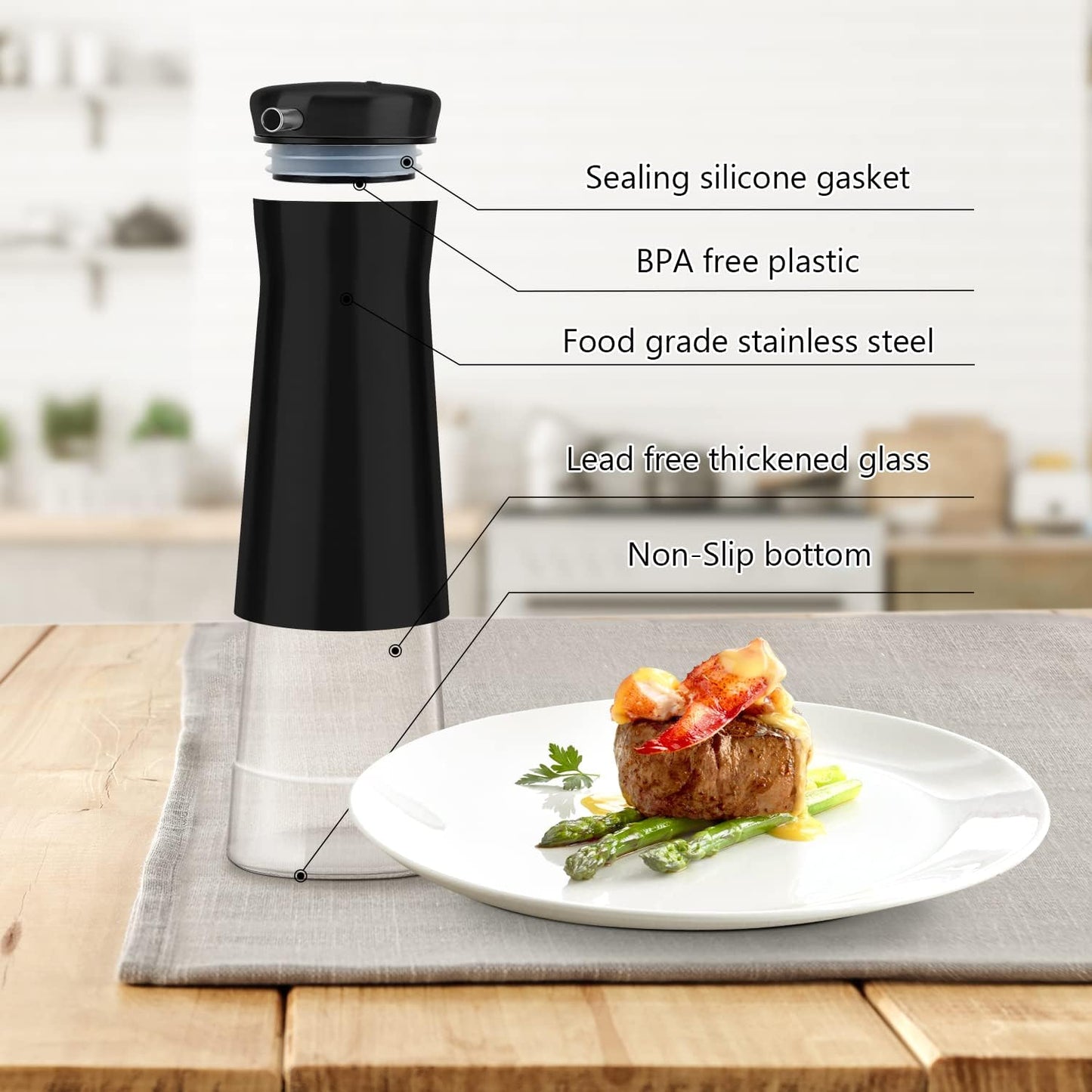 Black Oil And Vinegar Dispenser Set - 2 Pack Oil Dispenser Bottle for Kitchen with No-Drip - Black Kitchen Decor and Accessories for Home Restaurants Weddings