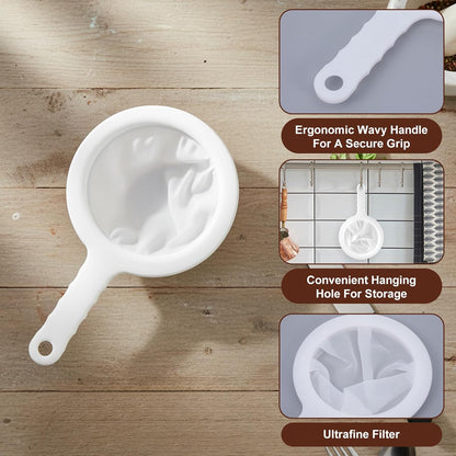 2 PCS Small Fine Mesh Strainer, Plastic Strainers Fine Mesh for Kitchen with Handle, Juice Strainers After Juicing, Soft Nylon Small Strainer for Coffee, Milk, Soy Milk, Juice(120 Mesh)