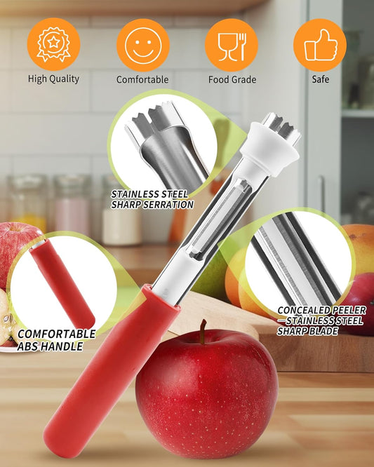 2 in 1 Apple Corer and Peeler Tool, Fruit Vegetable Corer and Peeler Tool Stainless Steel Apple Peeler Apple Corer Remover Tool Multifunction Corer Tool for Vegetable Fruit Kitchen Gadget (Red)