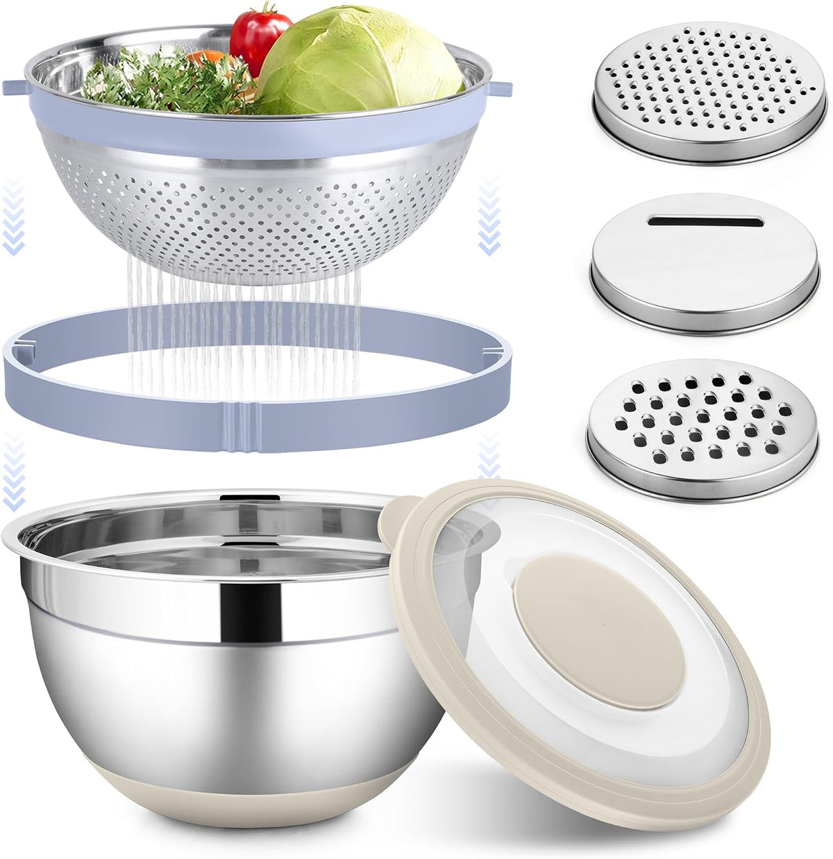 Mixing Bowl with Colander, 4-1 Bowl with Lids & 3Pcs Nesting Graters