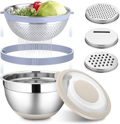 Mixing Bowl with Colander, 4-1 Bowl with Lids & 3Pcs Nesting Graters