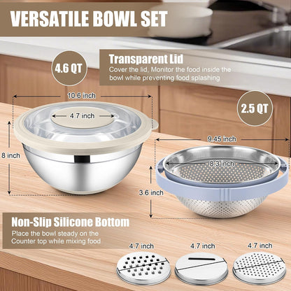 Mixing Bowl with Colander, 4-1 Bowl with Lids & 3Pcs Nesting Graters