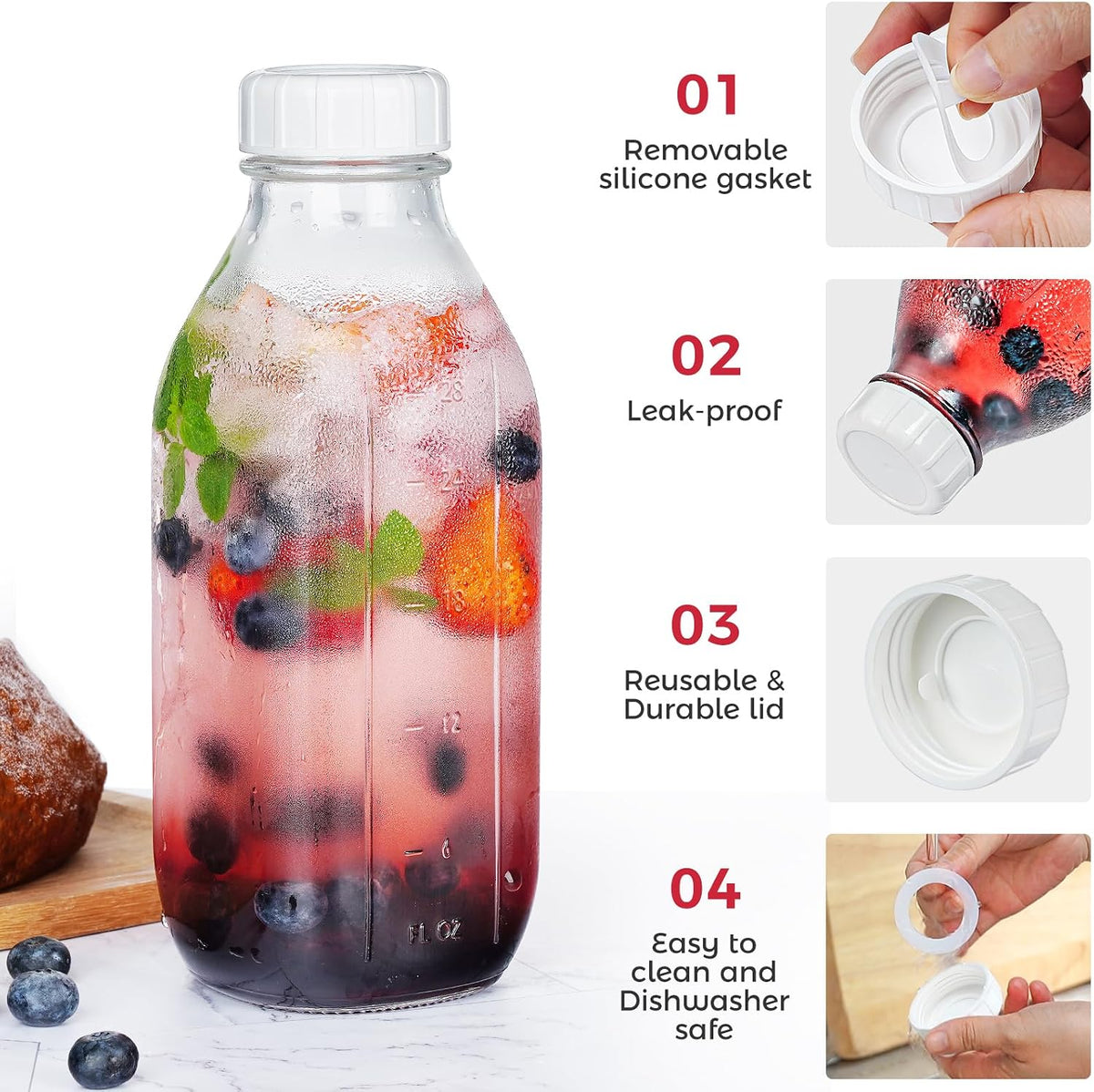 32 oz Glass Milk Bottles with Lid & Silicone Dispenser Cap, 2 Pack