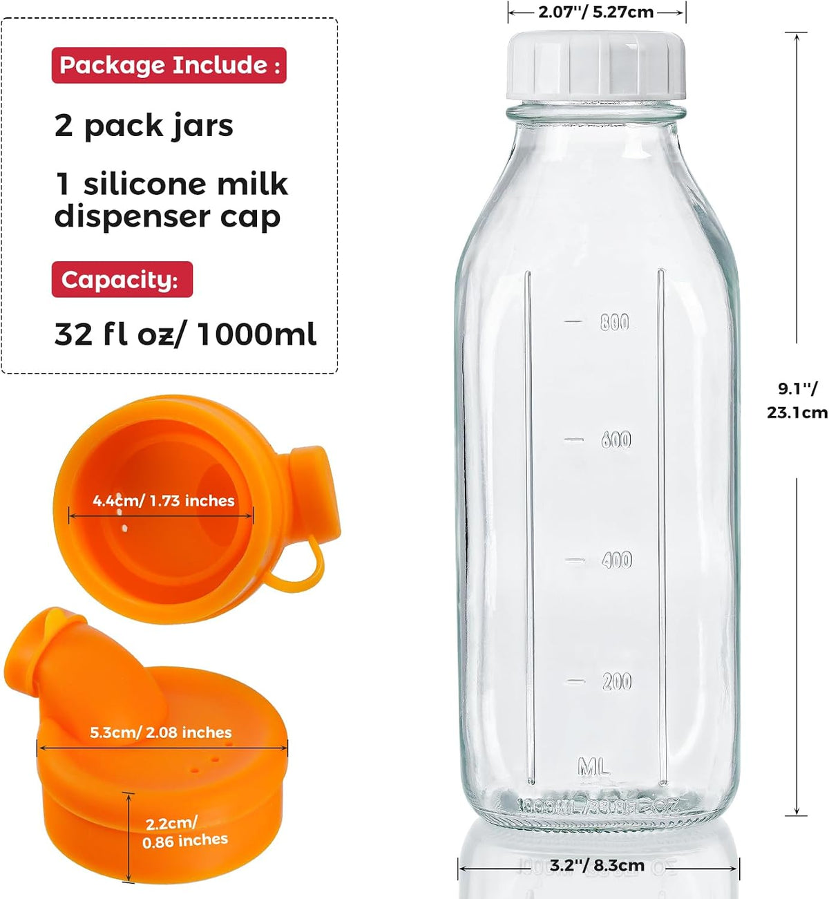 32 oz Glass Milk Bottles with Lid & Silicone Dispenser Cap, 2 Pack