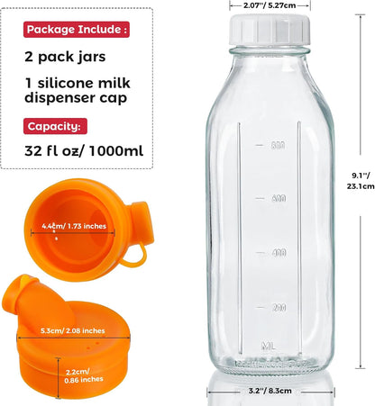 32 oz Glass Milk Bottles with Lid & Silicone Dispenser Cap, 2 Pack