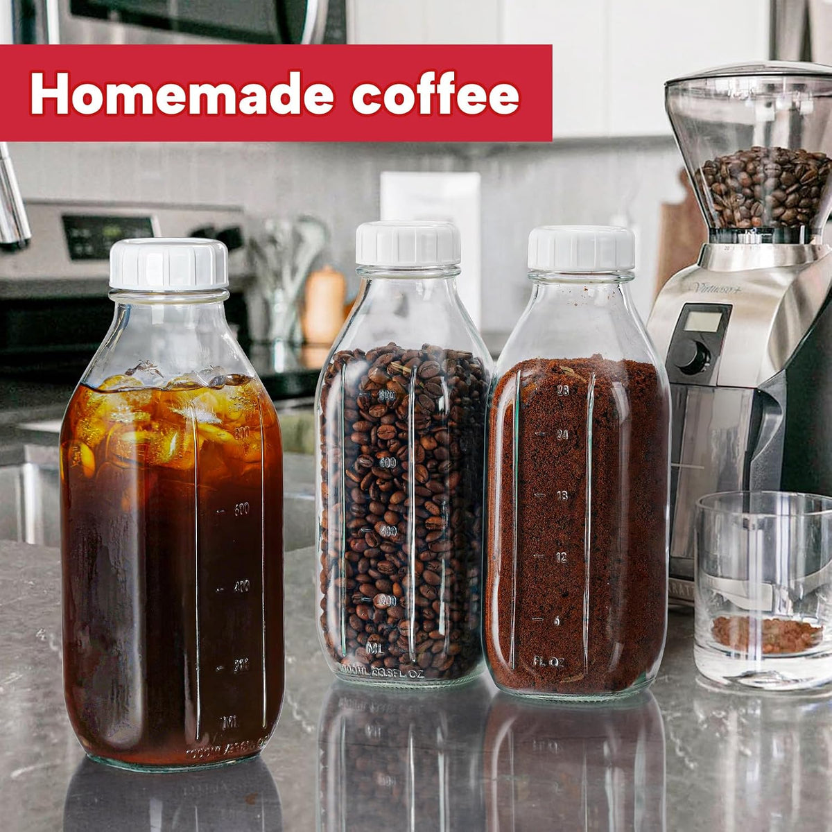 32 oz Glass Milk Bottles with Lid & Silicone Dispenser Cap, 2 Pack