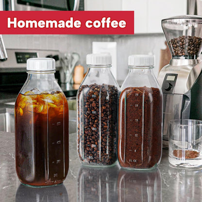 32 oz Glass Milk Bottles with Lid & Silicone Dispenser Cap, 2 Pack