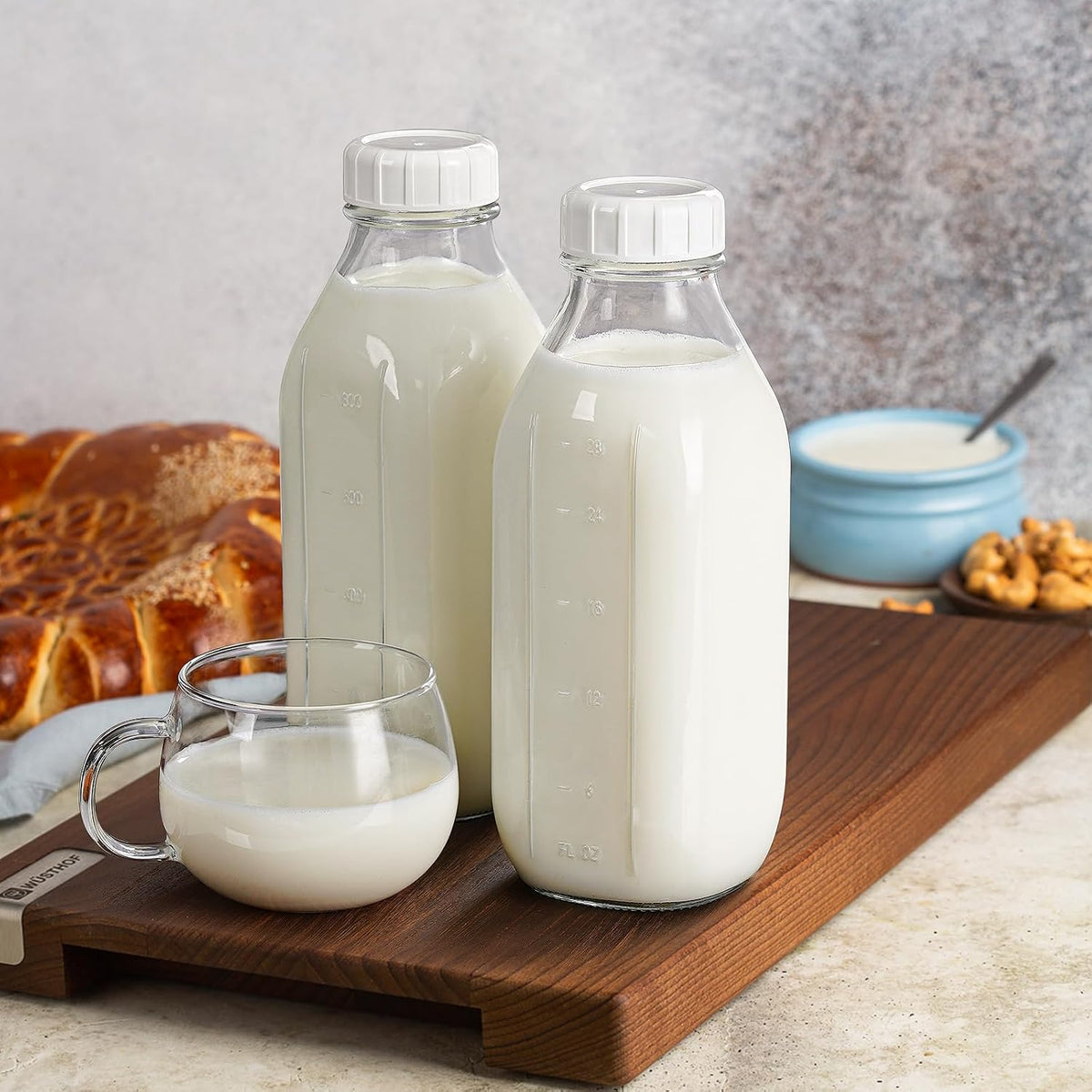 32 oz Glass Milk Bottles with Lid & Silicone Dispenser Cap, 2 Pack