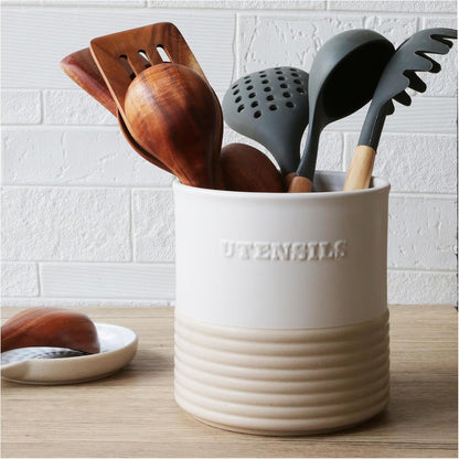 WILDMOS Ceramic Utensil Holder,Farmhouse Kitchen Utensil Holder for Countertop,Large Kitchen Utensil Organizer,Cooking Utensil Crock.