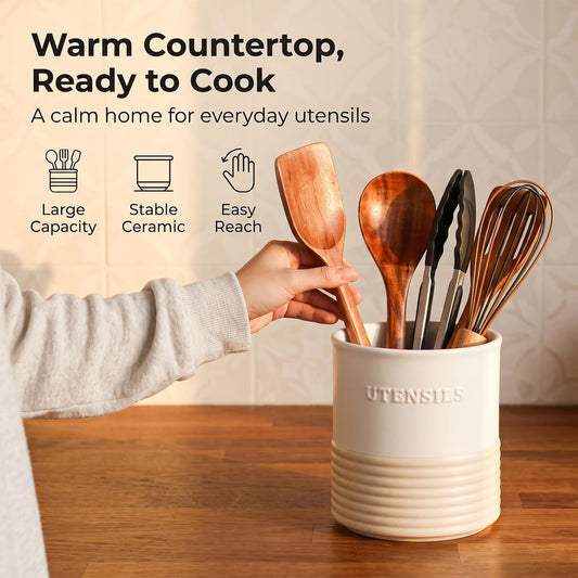 WILDMOS Ceramic Utensil Holder,Farmhouse Kitchen Utensil Holder for Countertop,Large Kitchen Utensil Organizer,Cooking Utensil Crock.