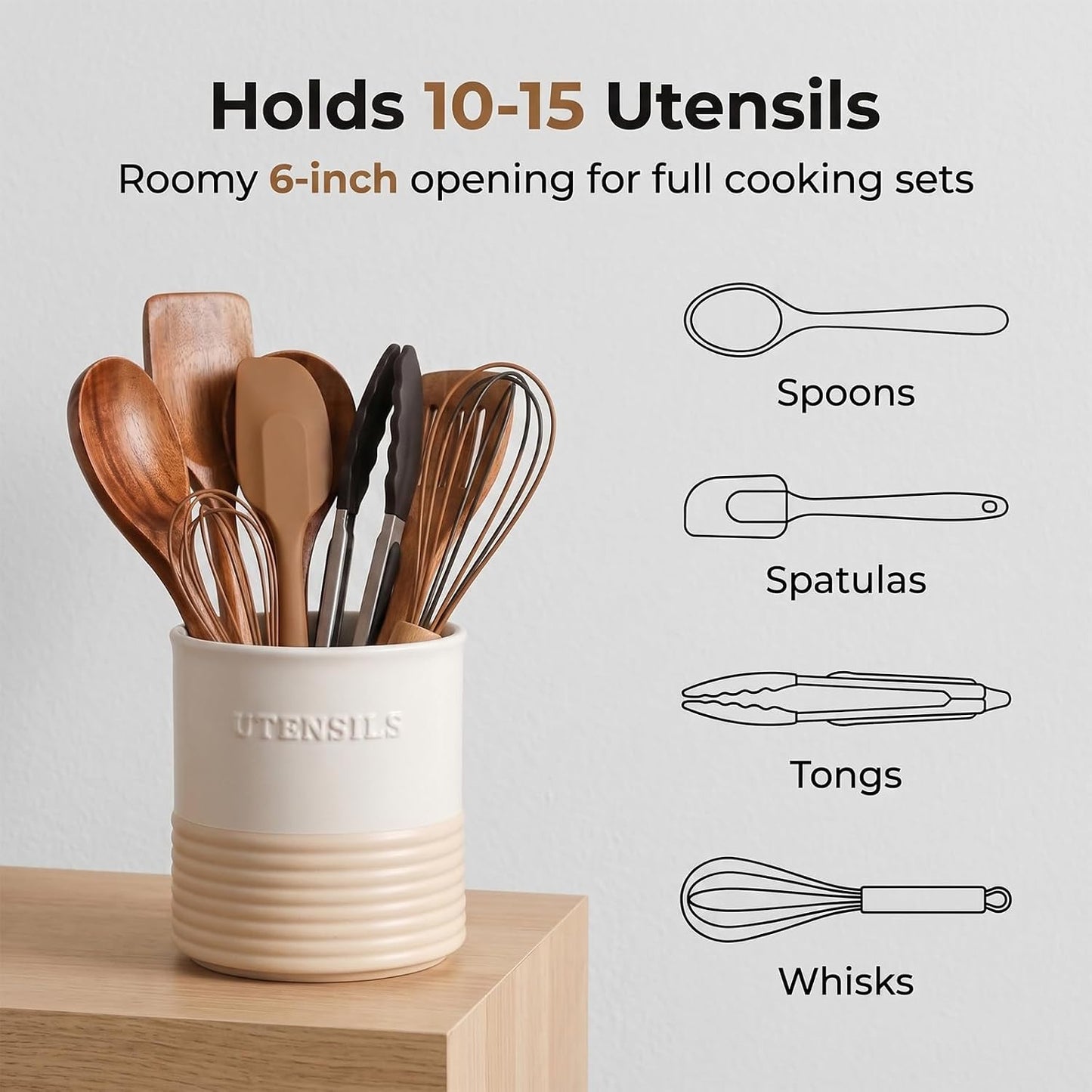 WILDMOS Ceramic Utensil Holder,Farmhouse Kitchen Utensil Holder for Countertop,Large Kitchen Utensil Organizer,Cooking Utensil Crock.
