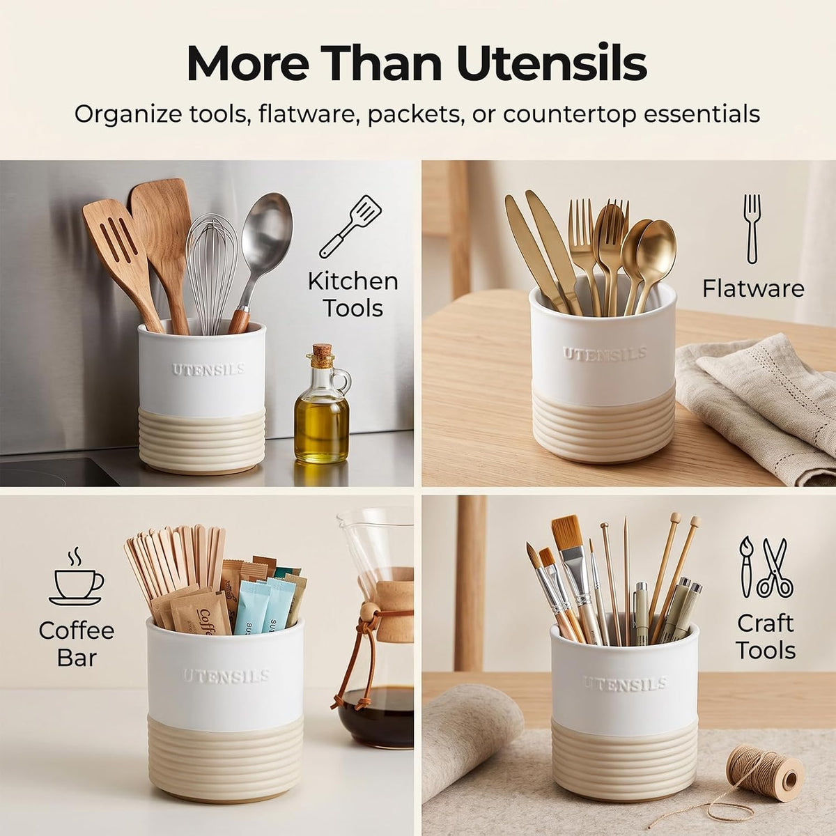 WILDMOS Ceramic Utensil Holder,Farmhouse Kitchen Utensil Holder for Countertop,Large Kitchen Utensil Organizer,Cooking Utensil Crock.