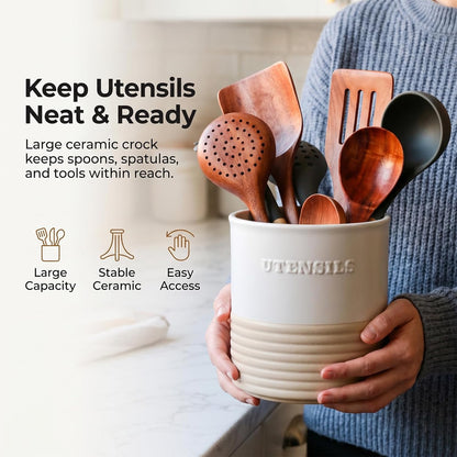 WILDMOS Ceramic Utensil Holder,Farmhouse Kitchen Utensil Holder for Countertop,Large Kitchen Utensil Organizer,Cooking Utensil Crock.