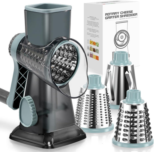 Rotary Cheese Grater Hand Crank Transparent - Shredder Slicer Grinder 3 Stainless Steel Blades, Stable Suction, Labor-Saving Handle, Safe Kitchen Tool for Cheese, Vegetable, Nuts, Chocolate