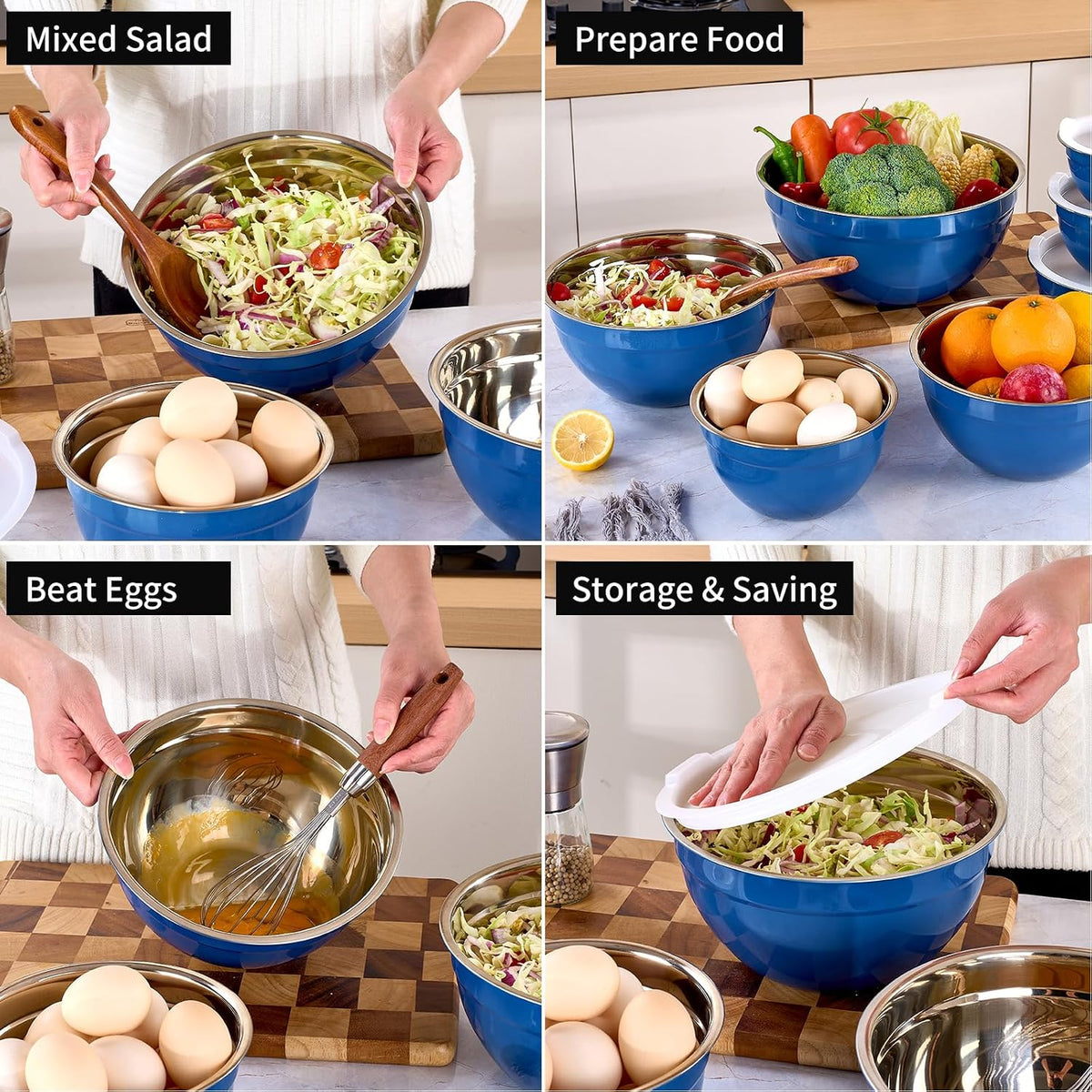 Black Mixing Bowls with Lids Set of 7, Stainless Steel Nesting Bowl with Khaki Lid for Non-slip Mixing Prepping Storing Serving, 7 Sizes-7/3.6/2.7/2.1/1.5/1/0.8 QT