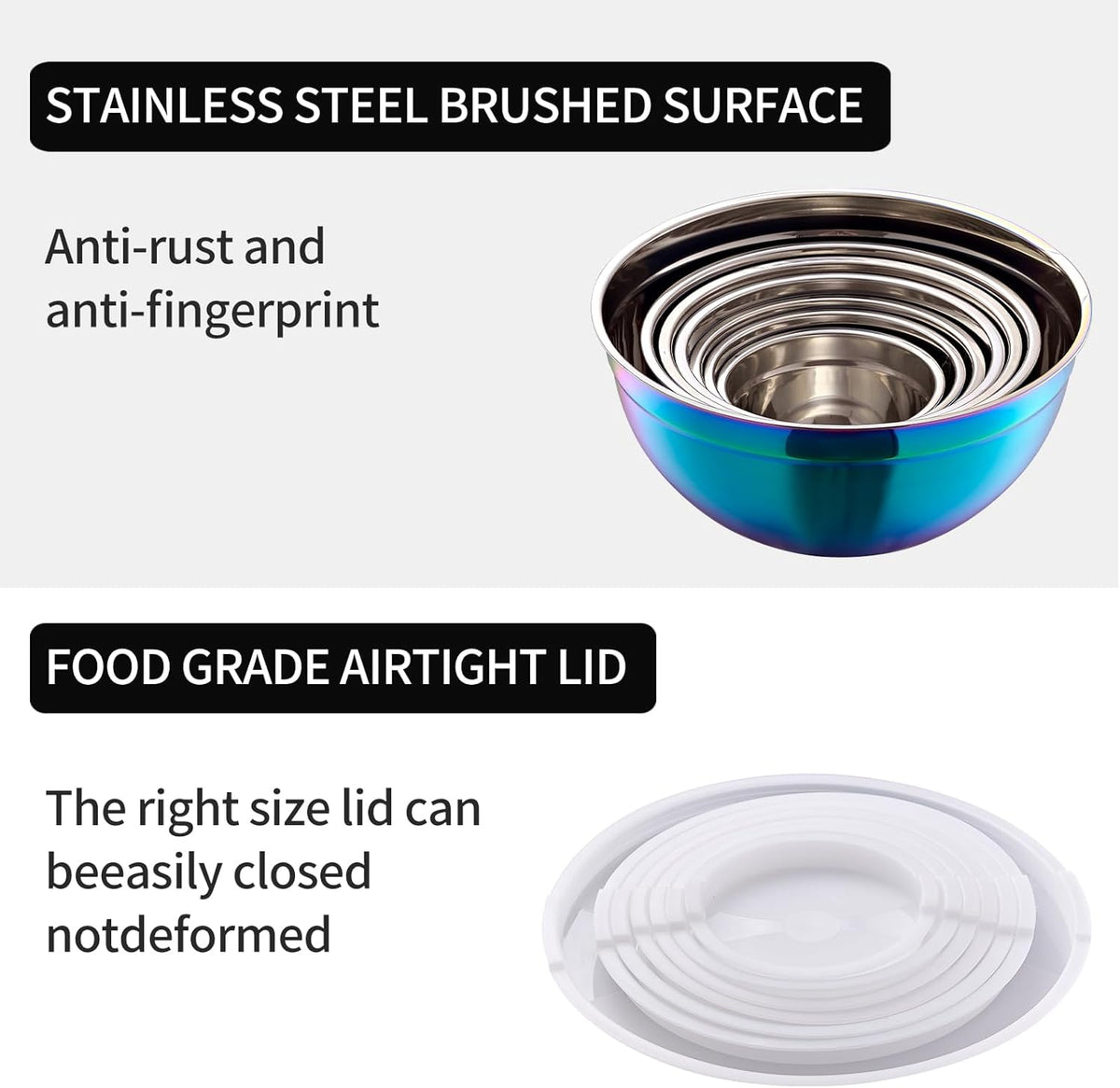Black Mixing Bowls with Lids Set of 7, Stainless Steel Nesting Bowl with Khaki Lid for Non-slip Mixing Prepping Storing Serving, 7 Sizes-7/3.6/2.7/2.1/1.5/1/0.8 QT
