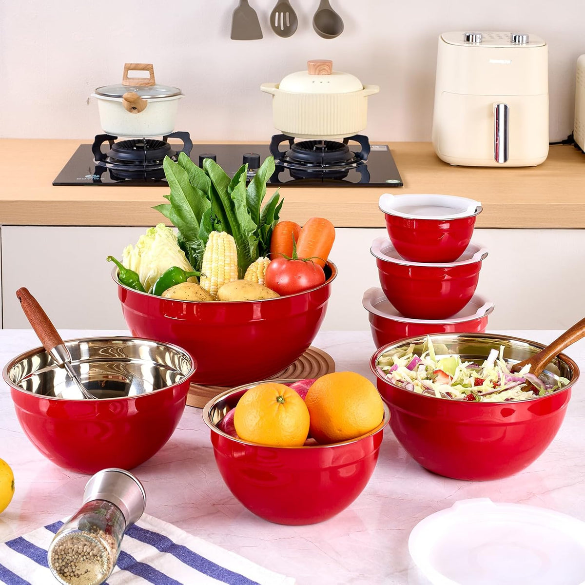 Black Mixing Bowls with Lids Set of 7, Stainless Steel Nesting Bowl with Khaki Lid for Non-slip Mixing Prepping Storing Serving, 7 Sizes-7/3.6/2.7/2.1/1.5/1/0.8 QT