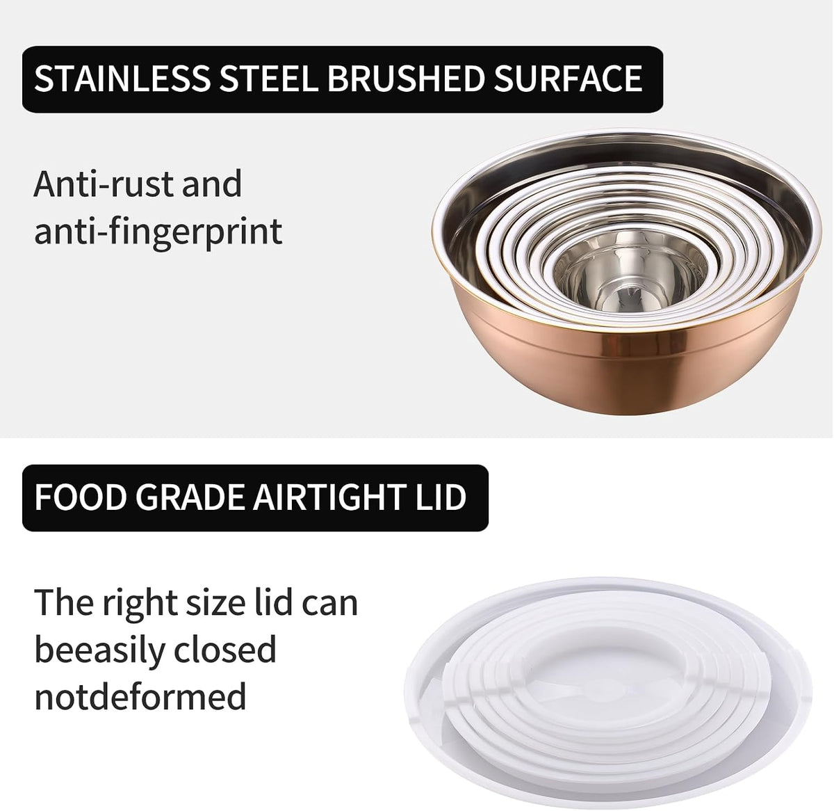 Black Mixing Bowls with Lids Set of 7, Stainless Steel Nesting Bowl with Khaki Lid for Non-slip Mixing Prepping Storing Serving, 7 Sizes-7/3.6/2.7/2.1/1.5/1/0.8 QT