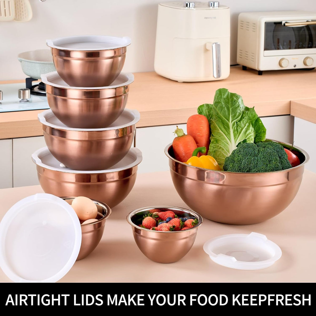 Black Mixing Bowls with Lids Set of 7, Stainless Steel Nesting Bowl with Khaki Lid for Non-slip Mixing Prepping Storing Serving, 7 Sizes-7/3.6/2.7/2.1/1.5/1/0.8 QT