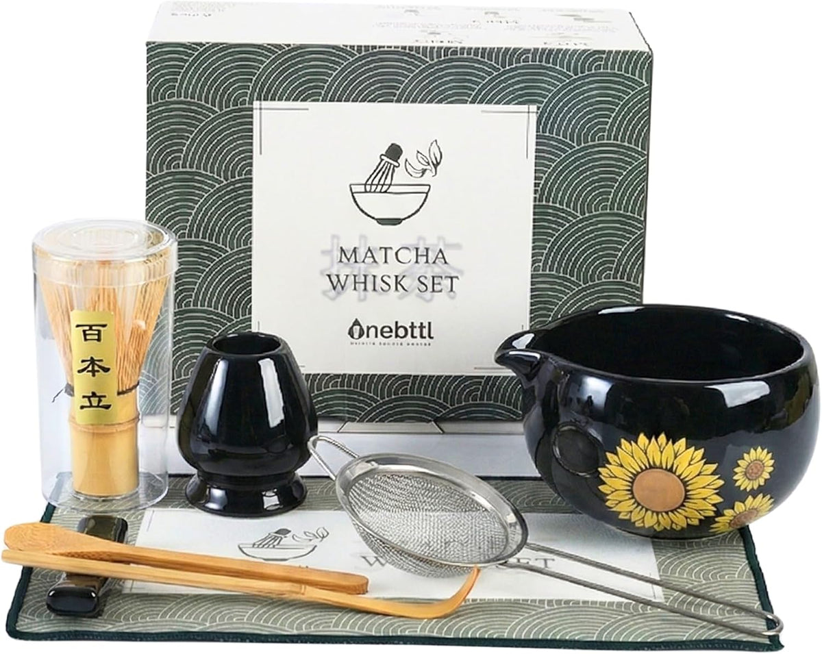 Matcha Whisk Set Gifts, 8 Pcs Ceramic Matcha Kit Set Includes Matcha Bowl, Matcha Whisk and Holder, Bamboo Spoon and Scoop, Scoop Rest, Sifter and Tea Towel - Sunflower