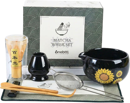 Matcha Whisk Set Gifts, 8 Pcs Ceramic Matcha Kit Set Includes Matcha Bowl, Matcha Whisk and Holder, Bamboo Spoon and Scoop, Scoop Rest, Sifter and Tea Towel - Sunflower