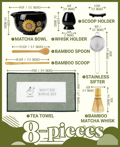 Matcha Whisk Set Gifts, 8 Pcs Ceramic Matcha Kit Set Includes Matcha Bowl, Matcha Whisk and Holder, Bamboo Spoon and Scoop, Scoop Rest, Sifter and Tea Towel - Sunflower