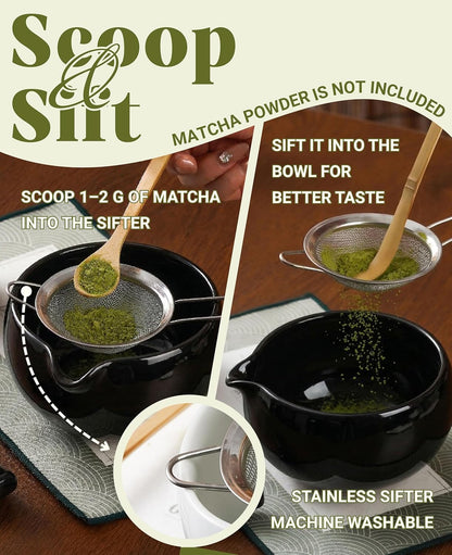Matcha Whisk Set Gifts, 8 Pcs Ceramic Matcha Kit Set Includes Matcha Bowl, Matcha Whisk and Holder, Bamboo Spoon and Scoop, Scoop Rest, Sifter and Tea Towel - Sunflower