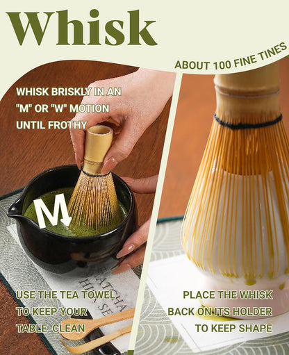 Matcha Whisk Set Gifts, 8 Pcs Ceramic Matcha Kit Set Includes Matcha Bowl, Matcha Whisk and Holder, Bamboo Spoon and Scoop, Scoop Rest, Sifter and Tea Towel - Sunflower
