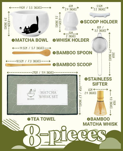 Matcha Whisk Set Gifts, 8 Pcs Ceramic Matcha Kit Set Includes Matcha Bowl, Matcha Whisk and Holder, Bamboo Spoon and Scoop, Scoop Rest, Sifter and Tea Towel - Sunflower